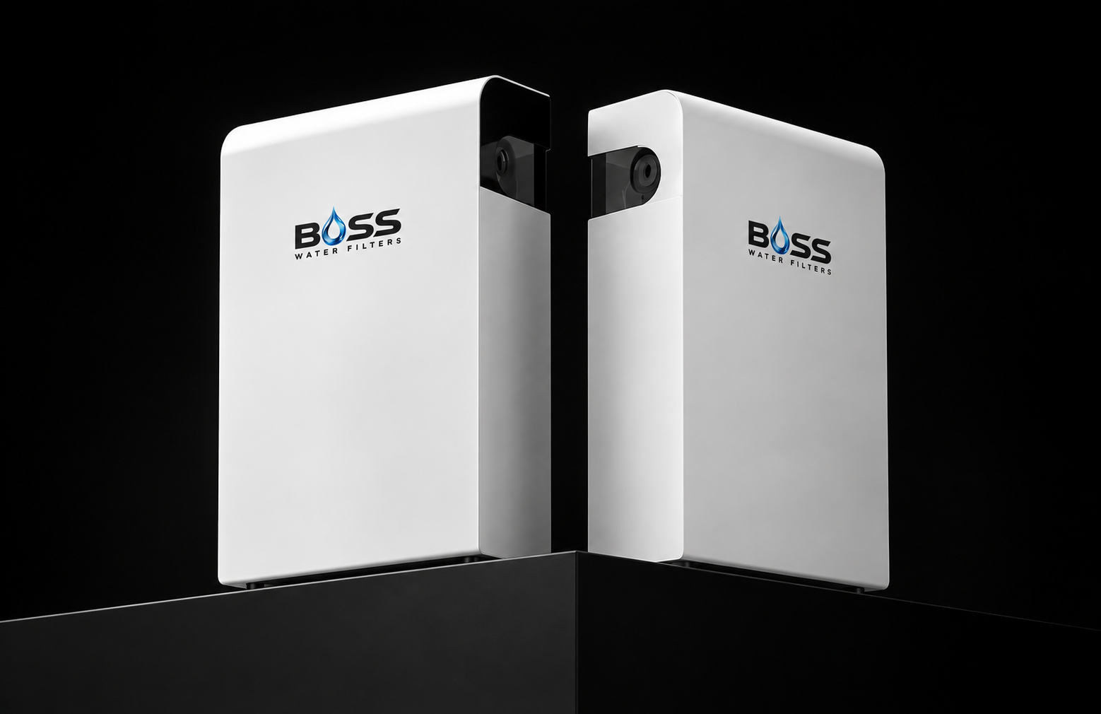 Two white Boss whole-house water filter enclosures