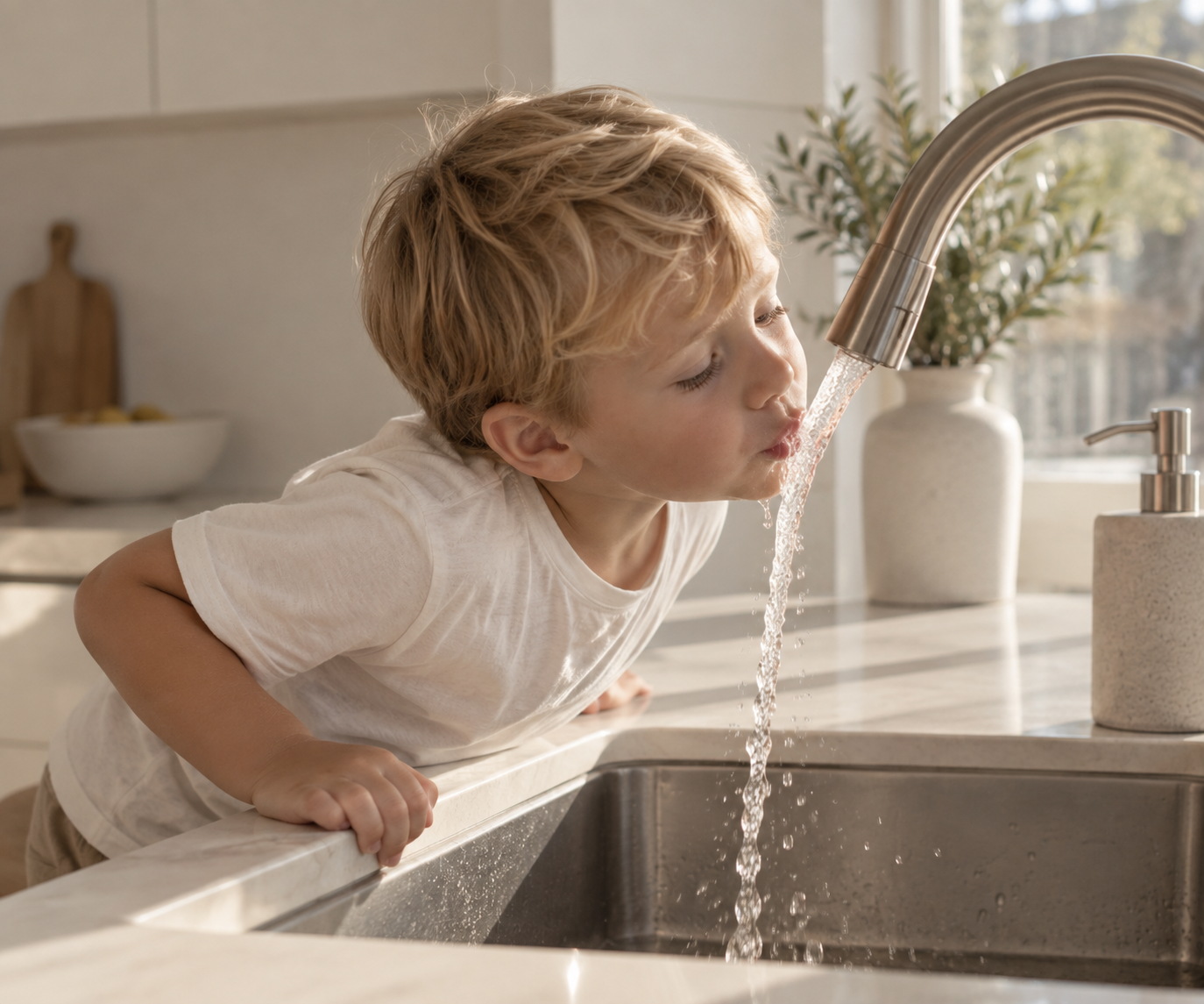 A young boy drinking running water from a kitchen tap
